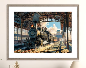 Impressão do trem a vapor do vintage de <br> Entrega Rápida? Antiga Estação Ferroviária | arte do trem pôster | Arte de trem vintage | Decoração de arte de parede para impressão | Download Digital Instantâneo