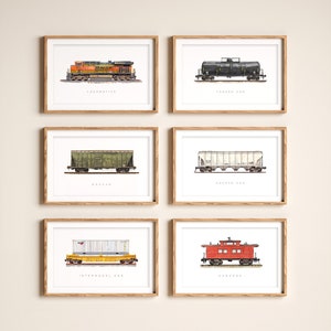 Freight Train Prints (Set of 6) | Printable Railroad Art | Digital Train Set | BNSF Locomotive, Freight Cars & Caboose | Boy Room Wall Decor