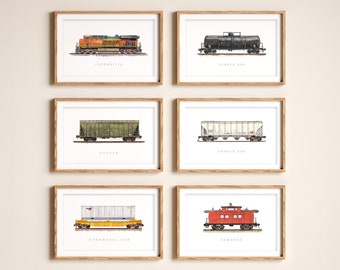 Freight Train Prints (Set of 6) | Printable Railroad Art | Digital Train Set | BNSF Locomotive, Freight Cars & Caboose | Boy Room Wall Decor
