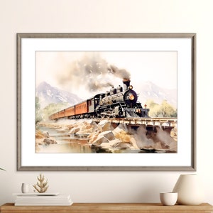 Vintage Steam Train Print | Mountain Landscape Scene | Steam Train Poster | Railroad Art | Watercolor Train Art | Instant Digital Download