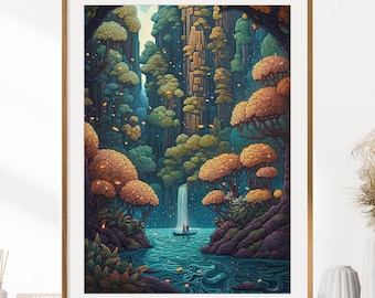 Secret Waterfall Print | Fantasy Wall Art | Secret Waterfall | Magical Forest Print | Enchanted Forest Wall Decor | Instant Digital Download
