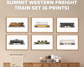 May include: A set of six framed art prints titled SUMMIT WESTERN FREIGHT TRAIN SET (6 PRINTS) featuring watercolor illustrations of various train cars, including a locomotive, a container car, a hopper, a tanker, a flatbed, and a grain car.