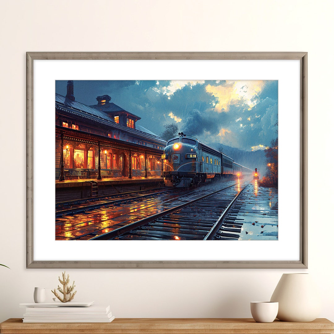 Rainy Railroad Station Print Train Art