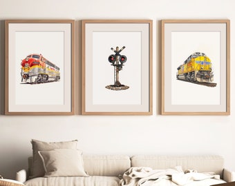 Santa Fe & Union Pacific Locomotive Prints (Set of 3) | Train Wall Art | Boys Room Decor | Printable Railroad Posters | Railroad Sign