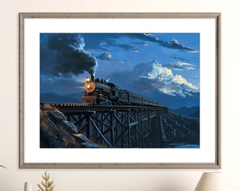 Steam Train Trestle Bridge Print | Night Mountain Landscape | Vintage Railfan Train Art | Printable Wall Decor | Instant Digital Download