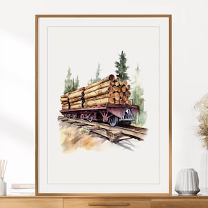 Logging Train Car Print | Woodland Train Wall Art | Train Poster | Boys Room Wall Decor | Watercolor Train Print | Instant Digital Download