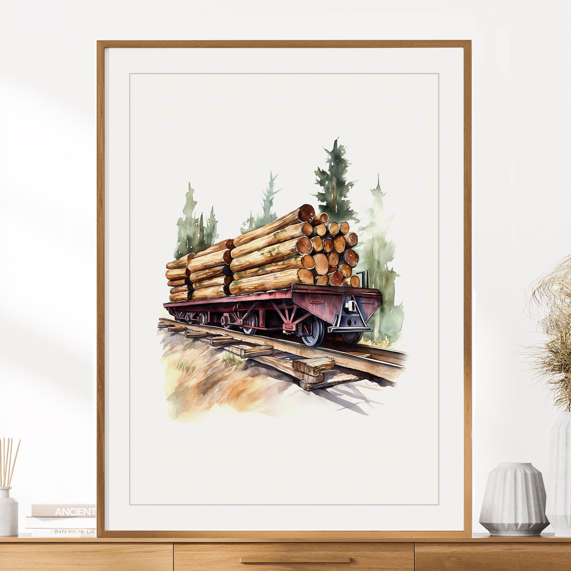 【フレーム付】アートポスター ポスター “TRAIN CARS” Logging Train Car Print | Woodland Train Wall Art | Train Poster
