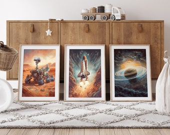 Stampe di esplorazione spaziale (set di 3) / Mars Rover / Space Shuttle / Saturno / Decorazione da parete spaziale / Poster retrò dello spazio / Arte da parete per la stanza dei ragazzi