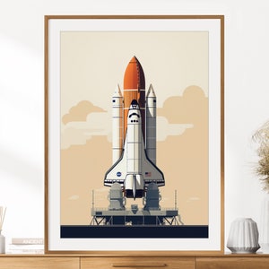 May include: A white and orange space shuttle with a US flag on the side, sitting on a launchpad. The shuttle is against a light brown background with clouds.