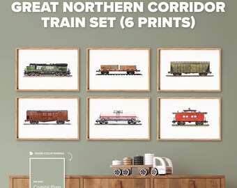 May include: A set of six framed art prints titled Great Northern Corridor Train Set, featuring illustrations of various train cars including a green locomotive, flatbed, hopper, boxcar, tanker, and a red caboose, displayed in light wood frames.