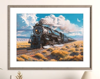 Trem de vapor pacífico da união posters de <br> Entrega Rápida? Paisagem do deserto | Locomotiva a vapor pôster | Arte de impressão de trem | Arte Railfan | Download Digital Instantâneo
