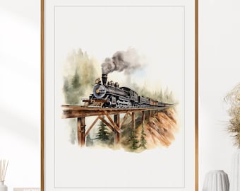 Vintage Steam Train Print | Mountain Landscape | Train Poster | Railroad Print | Boys Room Wall Decor | Instant Digital Download