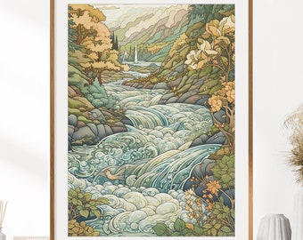 Cascading Mountain River | Landscape Printable Art Download | Printable Wall Decor | Printable Wall Art | Landscape Painting | Art Prints