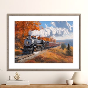 Vintage tren de vapor montaña paisaje impresión / otoño ferrocarril escénico / cartel del tren de otoño / arte del tren imprimible / descarga digital instantánea