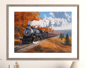 Vintage Steam Train Mountain Landscape Print | Fall Scenic Railroad | Autumn Train Poster | Printable Train Art | Instant Digital Download