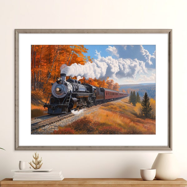 Acrylic Steam Train Print | Scenic Railroad | Steam Train in the Fall | Autumn Train Poster | Printable Train Art | Instant Digital Download