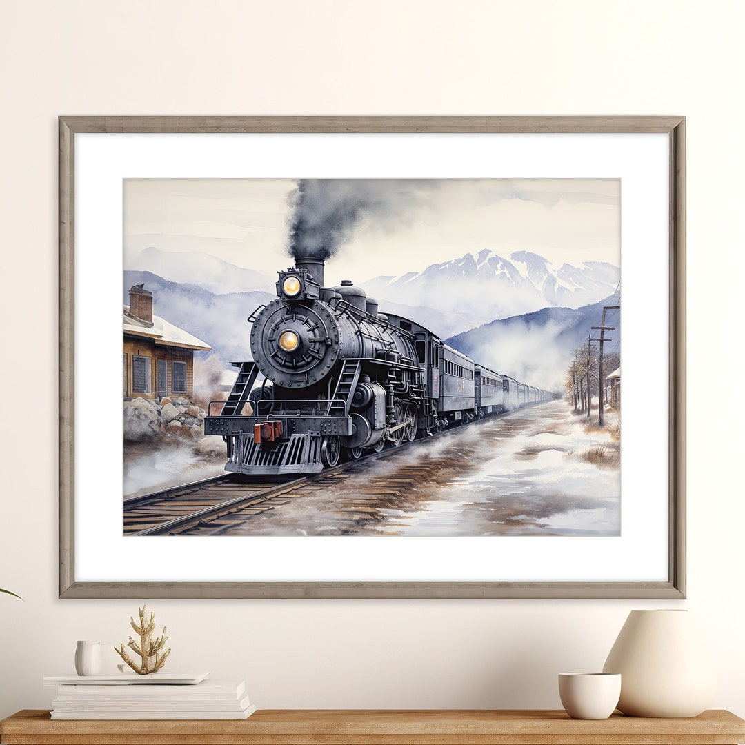 Vintage Steam Train Print Winter Train at the Lodge Railroad Art Canvas ...