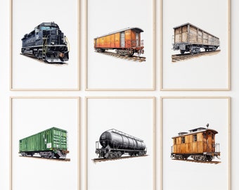 Train Prints (Set of 6) | Boys Room Train Art | Boys Room Train Decor | Railroad Art | Train Set | Train Posters | Instant Digital Download