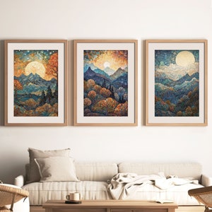 Midnight Mountain Prints (3er-Set) | Fantasy Wandkunst | Glasmalerei Wandkunst | Sternenklare Nacht Wanddekor | Sofortiger digitaler Download