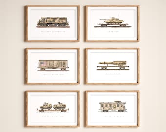 U.S. Army Train Prints (Set of 6) | Military Camo Freight Train | Tactical Train Print | USA American Railroad Decor | Boys Room Decor