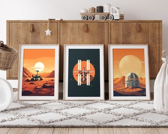 Space Exploration Prints (Set of 3) | Mars Rover | Space Station | Observatory | Retro Space Wall Decor | Space Poster | Boys Room Wall Art