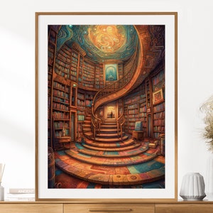 Impresión de biblioteca de fantasía / Arte de pared de fantasía / Impresión de biblioteca mágica / Libros estilo Escher y arte de lectura / Decoración de pared / Descarga digital instantánea