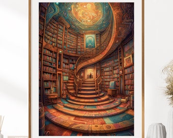 Fantasy Library Print | Fantasy Wall Art | Magical Library Print | Escher-Style Books & Reading Art | Wall Decor | Instant Digital Download