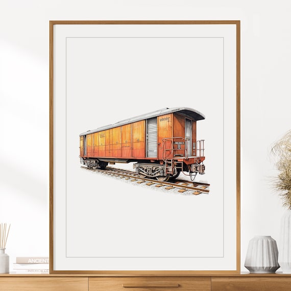 Boxcar Train Car Print (orange) | Railroad Room Decor | Train
