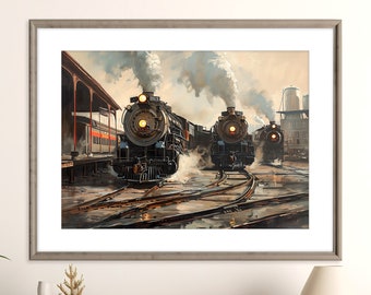 Steam Trains at the Strasburg Rail Yard Print | Vintage Steam Train Print | Acrylic Railfan Art | Steam Locomotives | Printable Train Poster