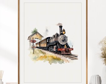 Vintage Steam Train Print | Locomotive Train Art | Train Poster | Railroad Print | Boys Room Wall Decor | Instant Digital Download