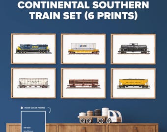 Train Prints (Set of 6) | Continental Southern Railway | Playroom Wall Art | Boys Room Decor | Digital Prints | Train Gifts