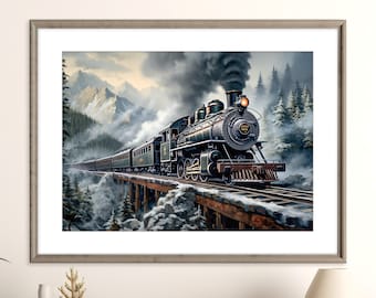 Vintage Steam Train Print | Winter Mountain Railroad Landscape | Railroad Art | Living Room Wall Decor | Instant Digital Download