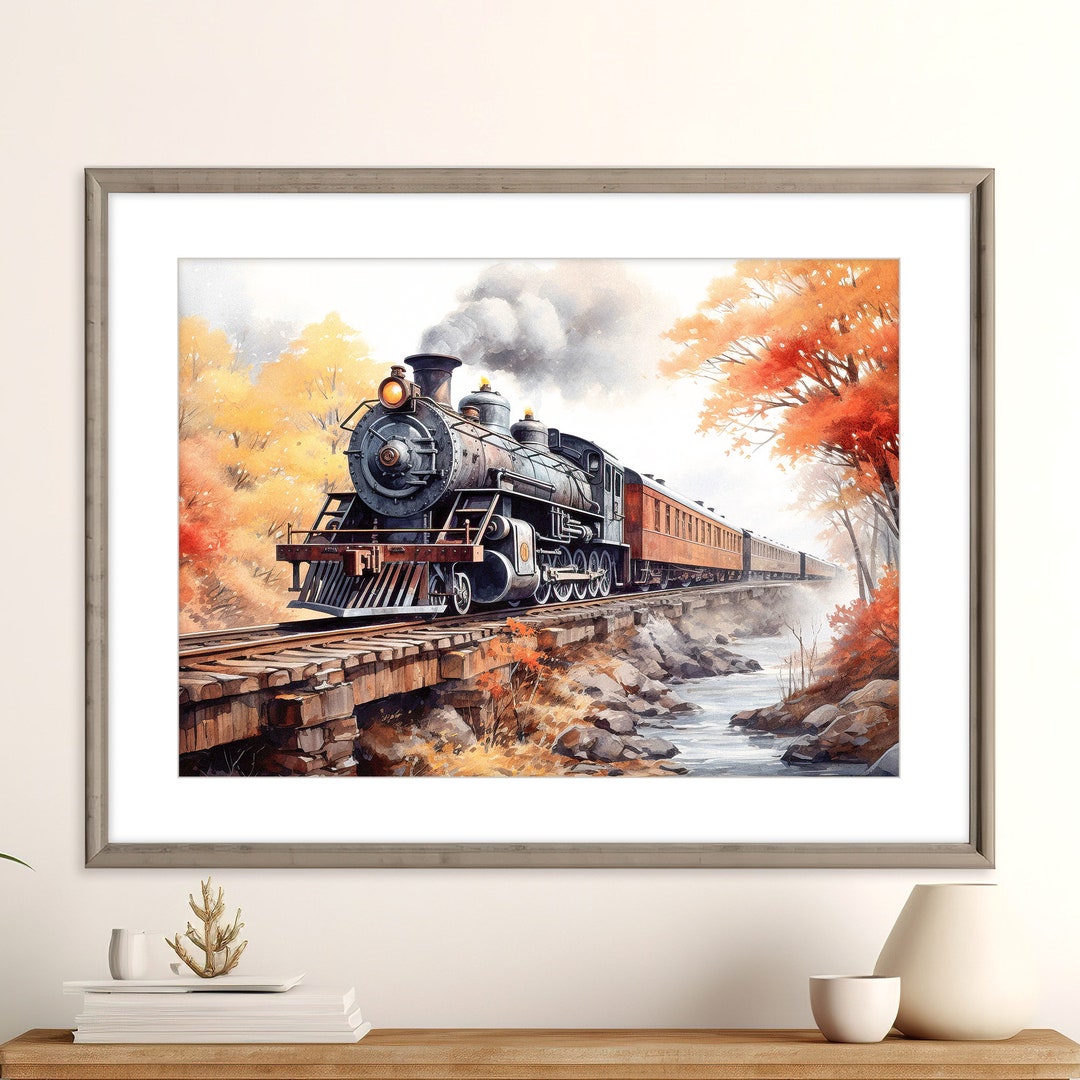 Vintage Steam Train Print Fall Landscape Train Art Poster Vintage Train ...