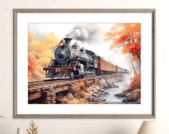Vintage Steam Train Print | Fall Landscape | Train Art Poster | Vintage Train Art | Printable Wall Art Decor | Instant Digital Download