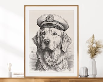 Golden Retriever Ship Captain Print | Vintage Animal Portrait | Mancave Poster | Printable Wall Decor | Dog Art Print | Instant Download