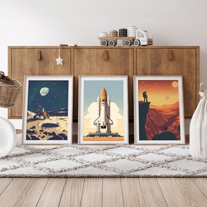 Láminas de exploración espacial (juego de 3) / Módulo de aterrizaje lunar / Transbordador espacial / Exploración de Marte / Decoración de pared espacial / Póster espacial / Arte de pared para habitación de niños