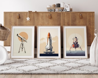 Space Exploration Prints (Set of 3) | Telescope | Space Shuttle | Apollo 11 | Retro Space Wall Decor | Space Poster | Boys Room Wall Art