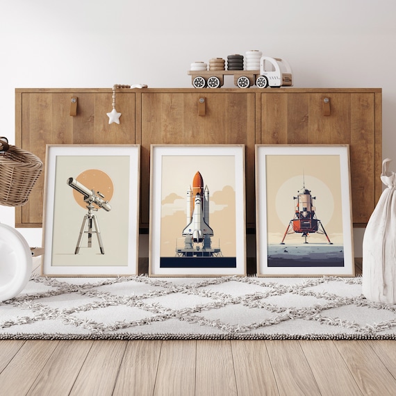 Space Exploration Prints (Set of 3) | Telescope | Space Shuttle | Apollo 11 | Retro Space Wall Decor | Space Poster | Boys Room Wall Art