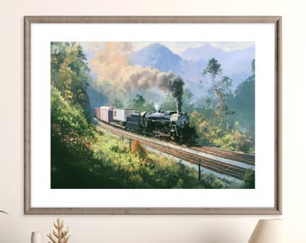 Norfolk & Western with UPS Freight Mountain Landscape Print | Canvas-Style Steam Train Art | Printable Wall Decor | Instant Digital Download