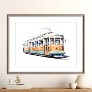 Trolley Zug Print (Orange) | Vintage Zug Druck | Eisenbahn Kunst | Jungen Zimmer Wand Dekor | San Francisco Servierwagen | Sofortiger digitaler Download