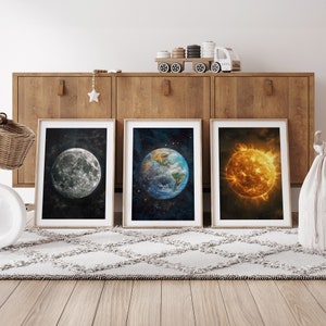 Celestial Bodies (Set of 3) | Moon | Earth | Sun | Space Wall Art Decor | Space Exploration Prints | Boys Room Wall Art | Space Posters