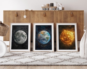Himmelskörper (3er-Set) | Mond | Erde | Sonne | Weltraum Wand Kunst Dekor | Weltraum Exploration Prints | Jungenzimmer Wandkunst | Weltall Poster