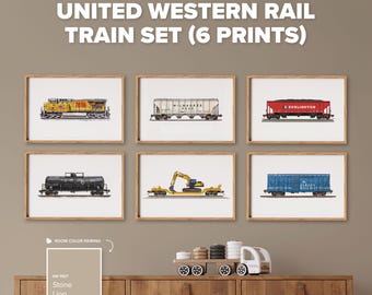 May include: A set of six framed art prints titled UNITED WESTERN RAIL TRAIN SET (6 PRINTS) featuring illustrations of various train cars, including a yellow locomotive, a Milwaukee Road hopper, a red Burlington car, a black tanker, and a blue Alaska Railway car.