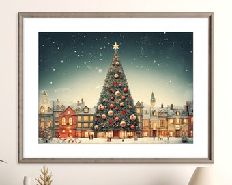 Christmas Village Print | Vintage Christmas Art Poster | Holiday Wall Art Decor | Winter Wonderland | Merry Christmas | Digital Download