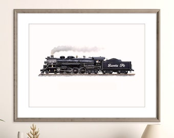 Santa Fe Steam Train Print (Black) | Printable Train Art | Railroad Poster | 8K High-Resolution Steam Locomotive Print | Boy Room Wall Decor