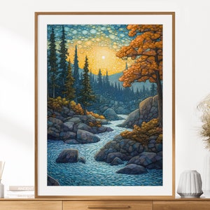 Impressão crepuscular do Riverscape de &lt;br&gt; Entrega Rápida? Arte de parede de fantasia | Impressão da floresta mágica | Rio da Montanha | Decoração de Parede Floresta Encantada | Download Digital Instantâneo