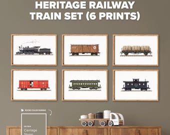May include: A set of six framed wall art prints titled HERITAGE RAILWAY TRAIN SET (6 PRINTS) featuring illustrations of a black steam locomotive, a brown boxcar, a flatcar with cargo, a red boxcar, a green passenger car, and a black caboose.