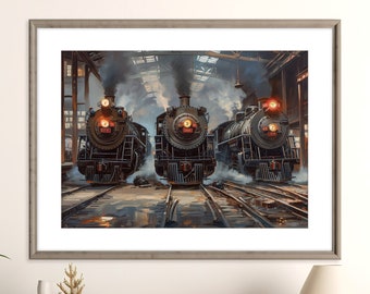 Strasburg Railroad Steam Trains Print | Vintage Steam Train Print | Acrylic Railfan Art Poster | Steam Locomotives in the Roundhouse