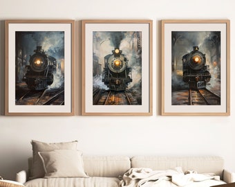 Impressões de trem a vapor (conjunto de 3) | Ferrovia Estrasburgo | Decoração de trem de locomotivas a vapor vintage | Arte Railfan | Decoração de arte de parede para impressão