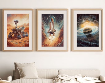 Stampe di esplorazione dello spazio (set di 3) / Mars Rover / Space Shuttle / Saturn / Decorazione di arte della parete spaziale / Poster spaziali retrò / Arte della parete della stanza dei ragazzi